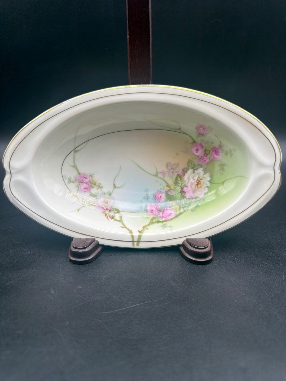 Antique Prince Regent Bavaria Relish Dish Pink Roses Gold Trim 8.25”